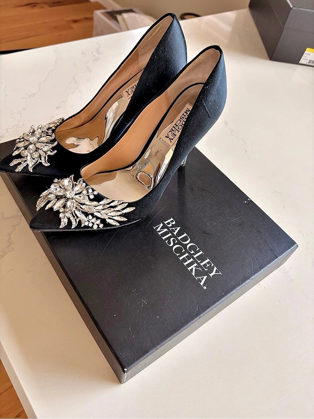 Badgley Mischka Cher Crystal Embellished Pump Embellished Black Heels - Picture 2 of 3
